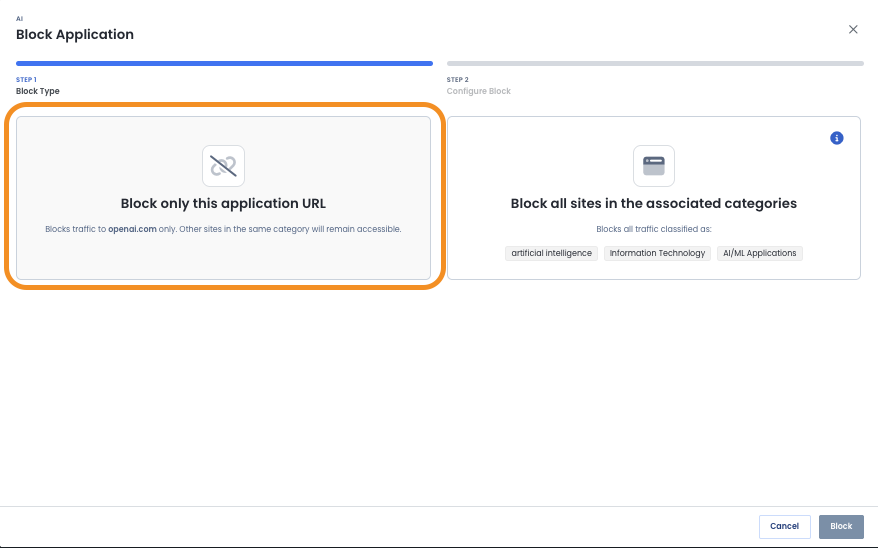Configuration options for blocking specific application URLs in a network settings interface.
